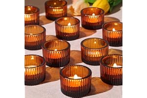 HAVITI 24 pcs Amber Tealight Candle Holders, Glass Votive Candle Holders Fall Decorations for Home Table Fall Wedding Centerpieces, Party Supplies and Vintage Decor
