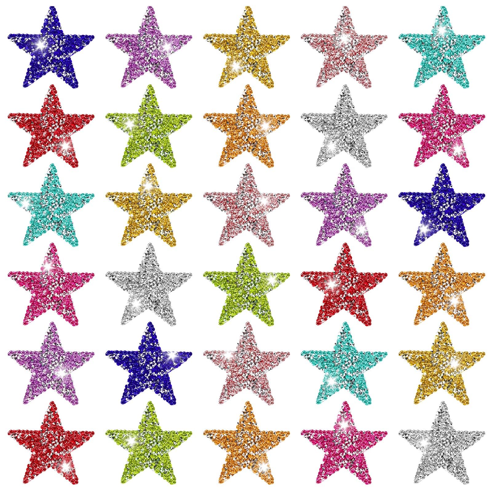 Photo 1 of 30 Pcs Colorful Star Patches Glitter Star Iron on Patche Adhesive Applique Hot Glue Rhinestone Stars for Clothing Jeans Bags Hat Patches Costume Rhinestone Applique Decoration (2.36 Inch 10 Color)