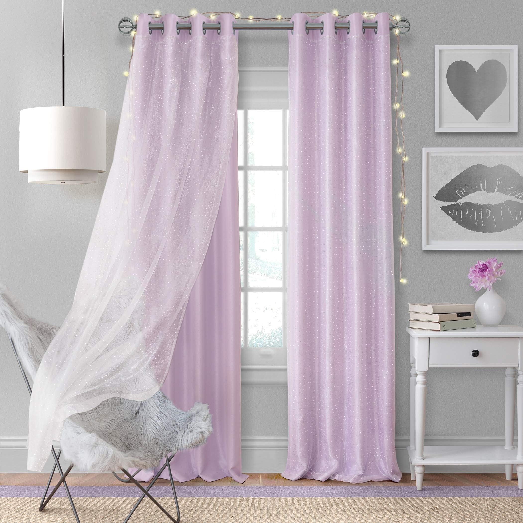 Elrene Home Fashions Aurora Kids’ Sheer Blackout Layered Curtain Panel, (Lavender), (52X108)