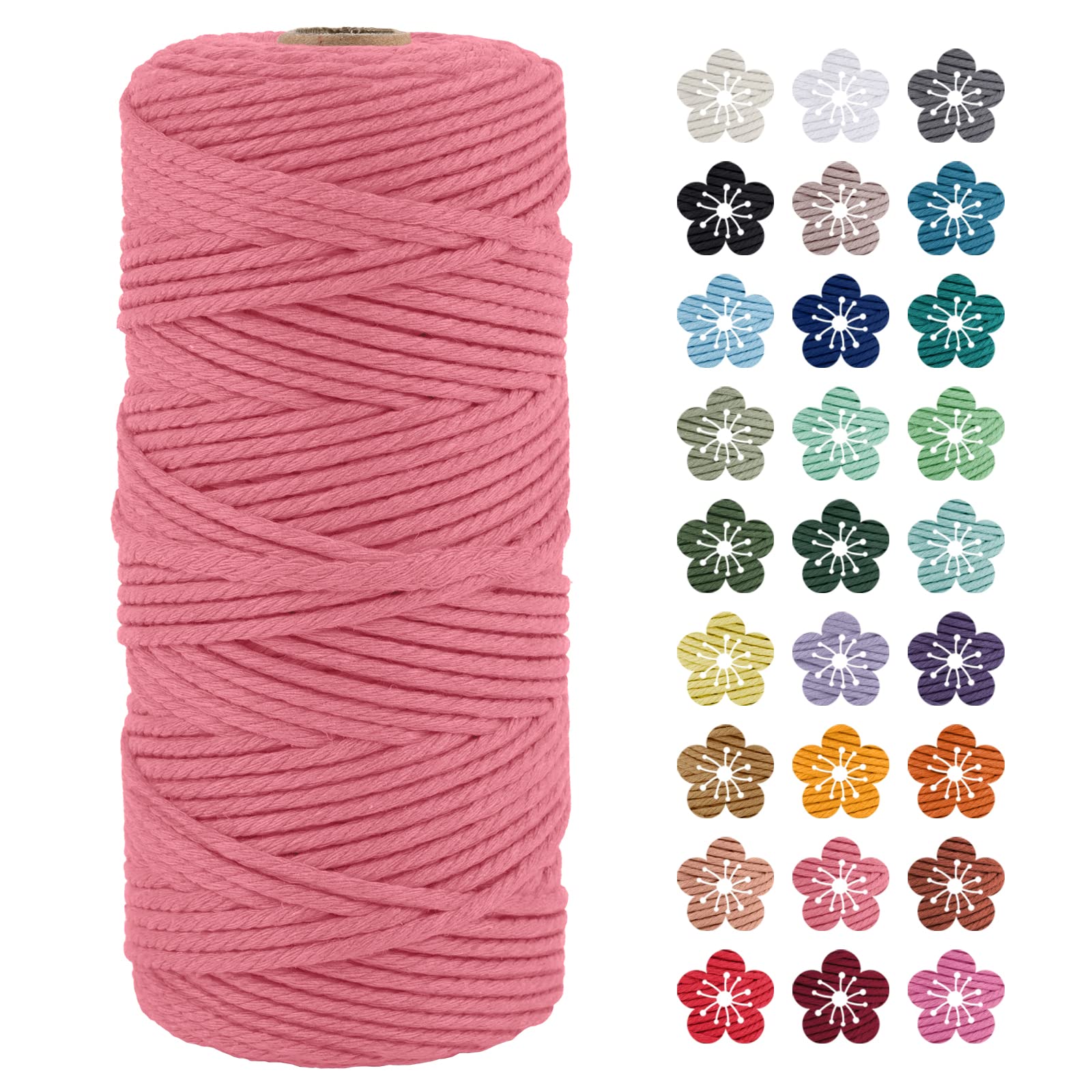 LEREATI Macrame Cord 3mm x 100m, Thick Macrame Rope Natural Cotton Rope Craft String, 4 Strand Twisted Cotton Cord Yarn for DIY Plant Hanger, Wall Hanging, Christmas Decoration (Watermelon pink)