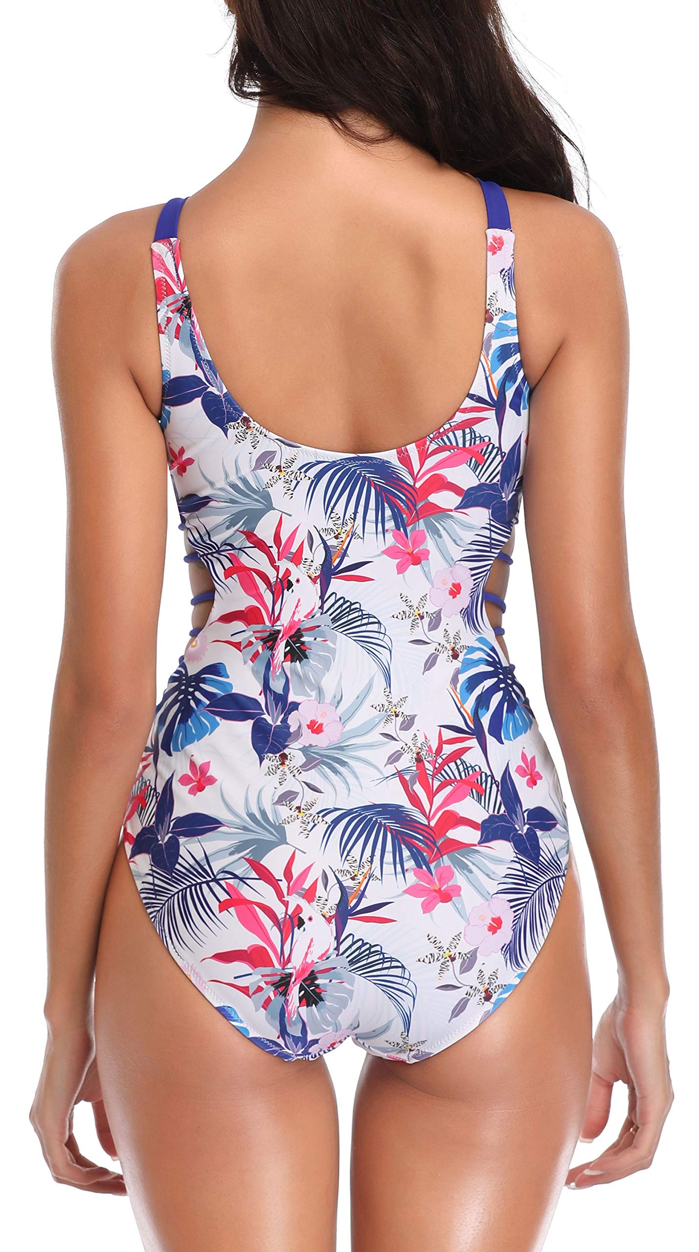 Women Sexy Cut Out One Piece Monokini Swimsuit Swimwear Strappy Bathing Suit Tropical Leaf Print L