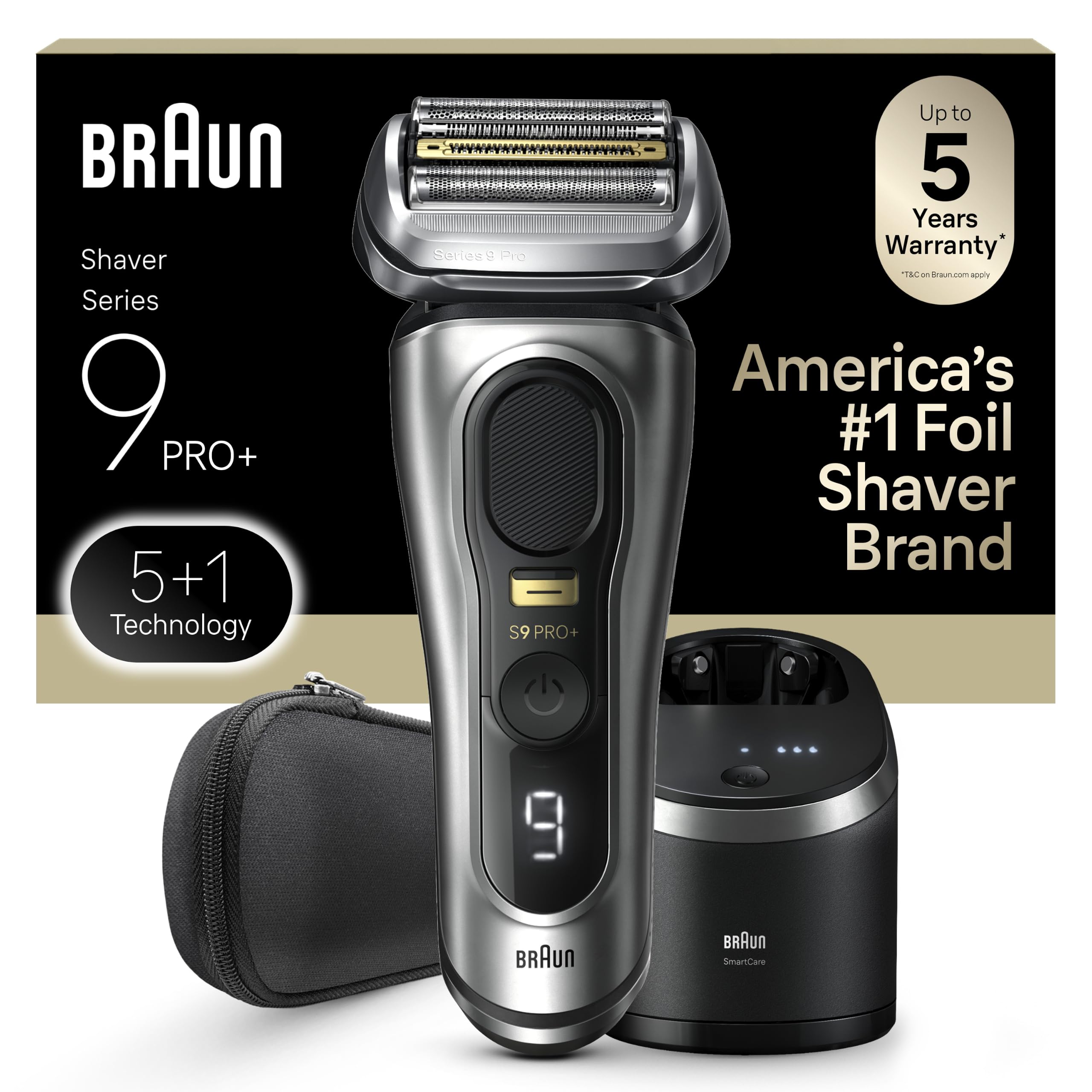 Braun Series 9 PRO+ Maquinilla de afeitar eléctrica para hombres, 5 elementos de afeitado profesional y recortadora de pelo largo de precisión, centro SmartCare 6 en 1, afeitadora eléctrica húmeda y seca para una piel suave con 60 minutos de duración de b