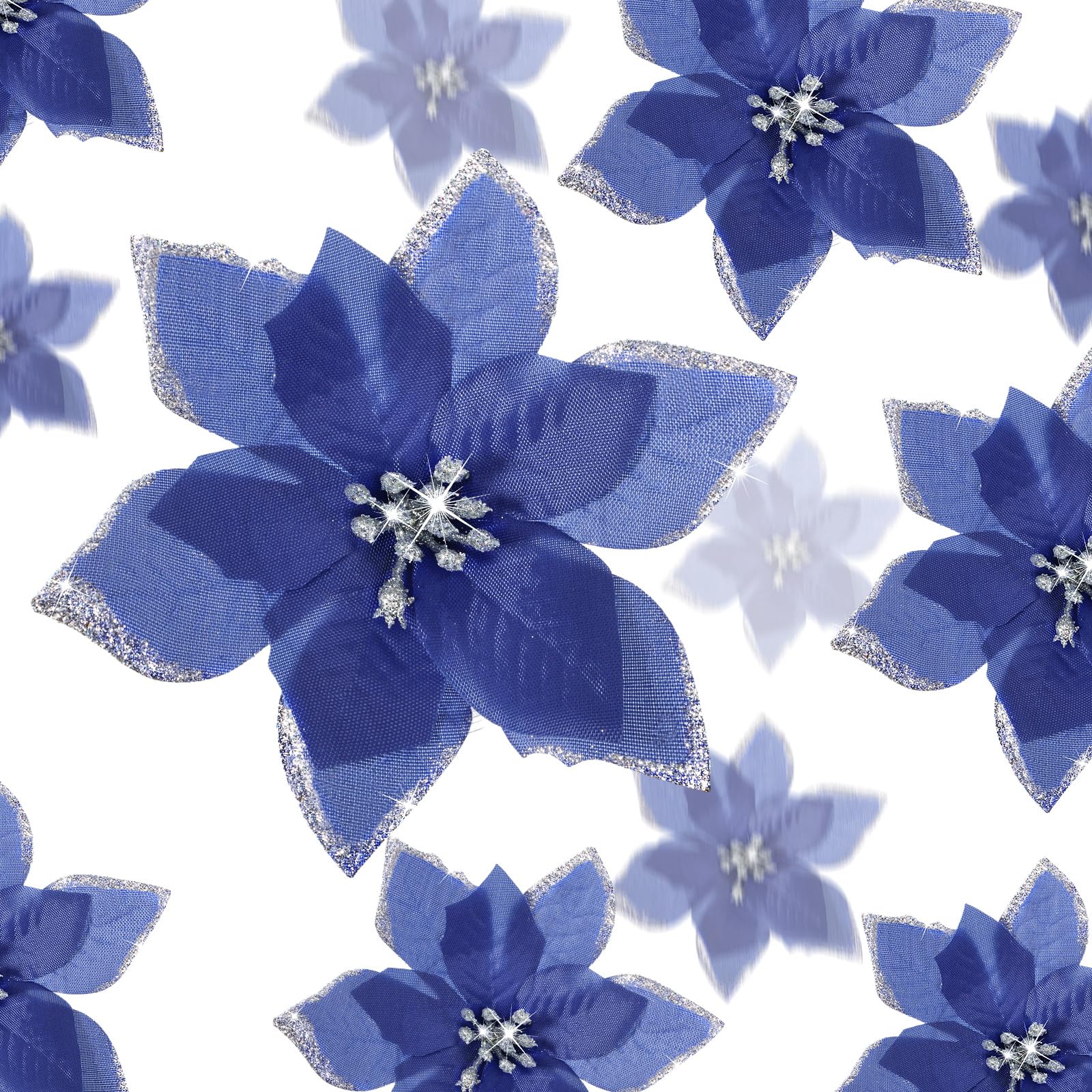 Cindeer 36 Pcs 3 Size Christmas Tree Decorations Poinsettias Artificial Flowers Ornaments Glitter Faux Christmas Flowers with Clips for Xmas New Year Home Wedding Outdoor, 4", 6" and 9" (Navy Blue)