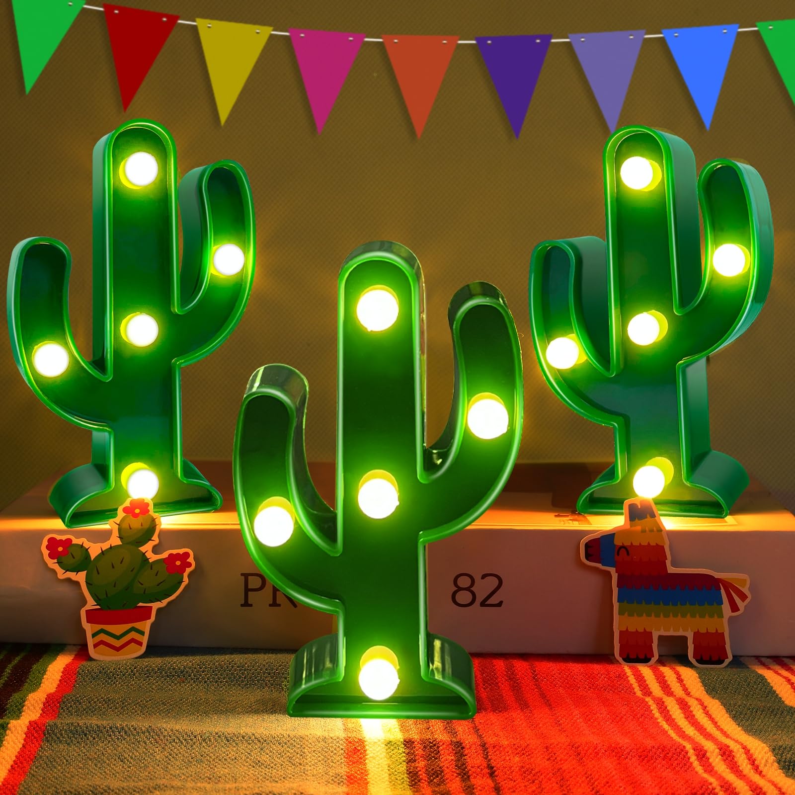 Photo 1 of TURNMEON 3 Piece Cactus Decor LED Cactus Light Cinco De Mayo Decorations, Fiesta Mexican Party Decorations Green Cactus Night Light Table Lamps for Kid's Room Bedroom Home Decor (4.72 x 2.76 Inch)