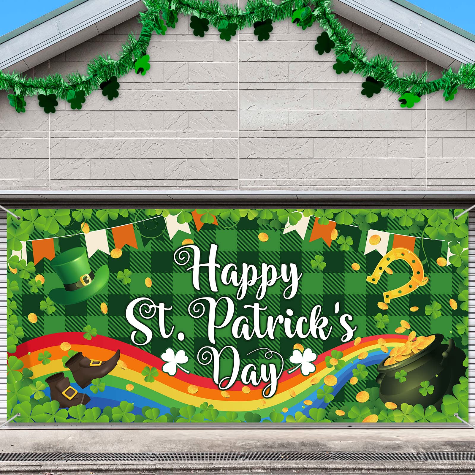 Happy St. Patrick's Day Garage Door Banner, 13.12 Feet Large St. Patrick's Day Garage Door Cover Car Garage Murals Shamrock Garage Hanging Decorations for Irish Festivals Outdoor Decor