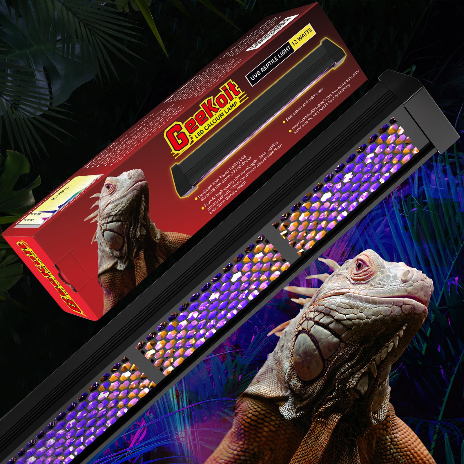 Photo 1 of GeeKoit 12-Inch UVB Reptile Light,4H/8H/12H Timer,3 Modes Lighting,5 Level Brightness, 12W UVA UVB Lamp for Desert Tropical Animals Bearded Dragons Turtle Chameleon Tortoises Gecko Snake Frog