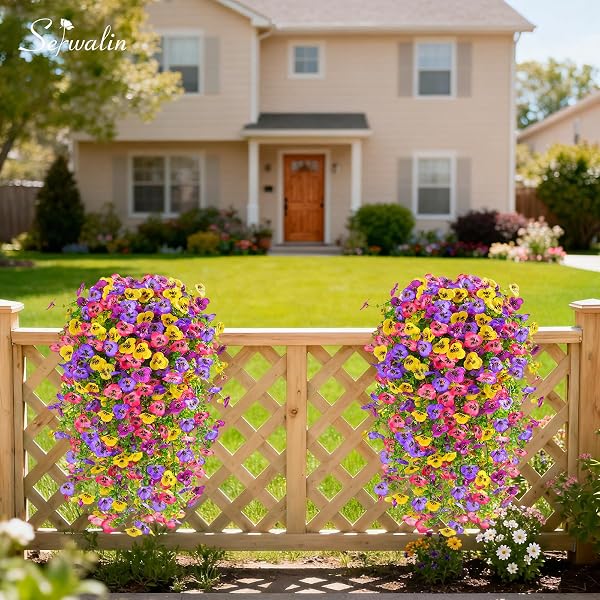 SERWALIN ARTIFICIAL FAKE HANGING FLOWERS FOR OUTDOORS PLANTERS,6PCS UV RESISTANT FAUX PANSY SPRING FLOWERS FOR OUTSIDE PORCH PATIO GARDEN WINDOW BOX (MIXED COLORS)