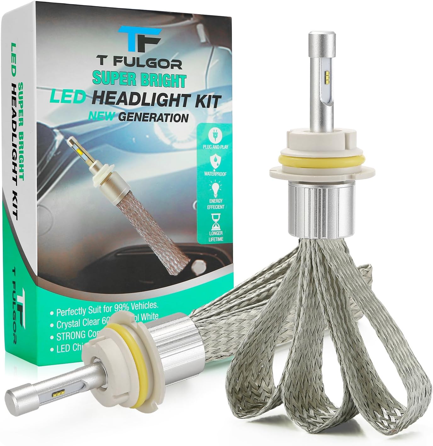 T FULGOR Super Bright LED Headlight Bulbs Conversion Kit with Cool White light, eight LED chips, Purple copper braid, 40w, 11,000lm, 6000K, one year warranty, 1 pair (9007)