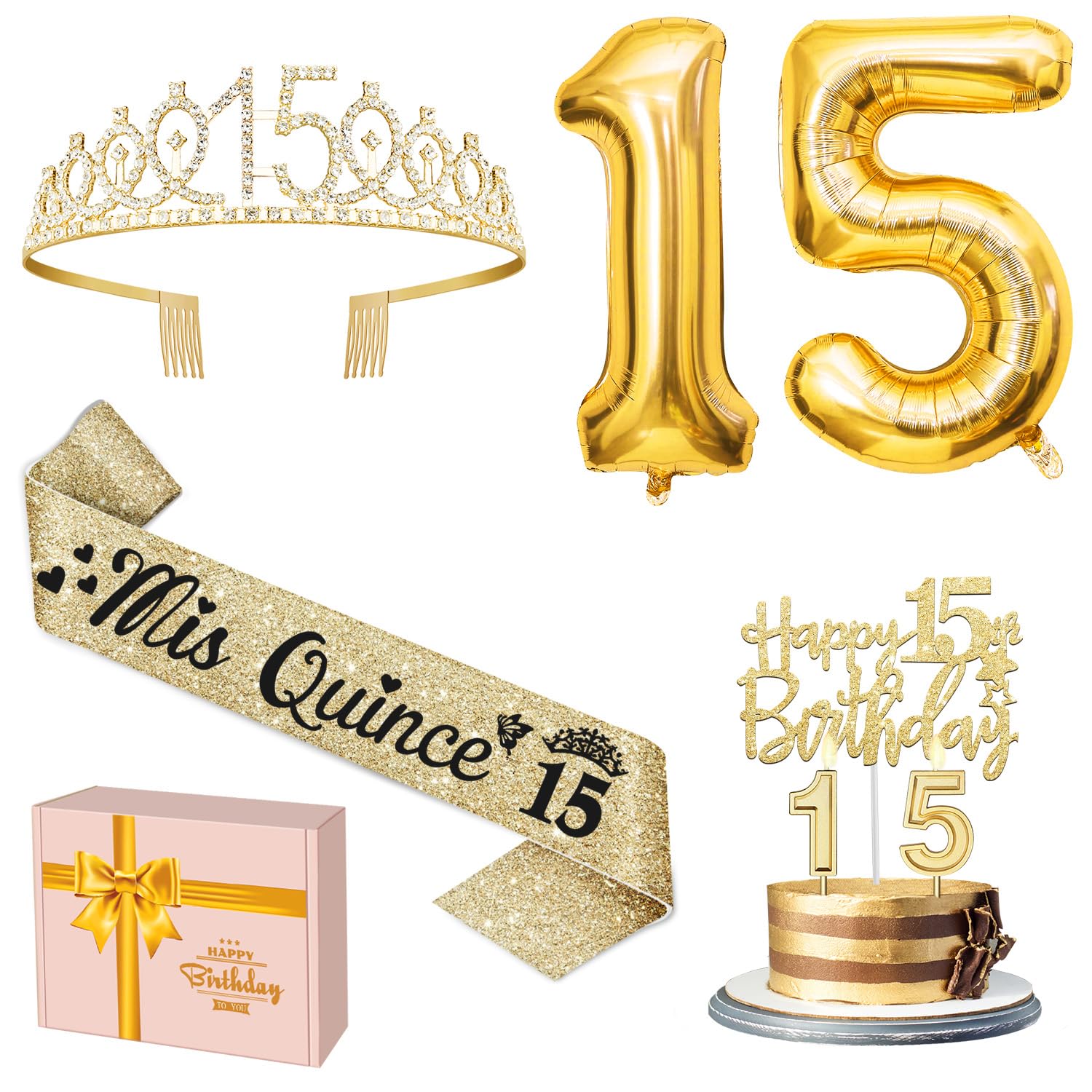 Photo 1 of 15th Birthday Decorations for Girls Gold with15th Birthday Crown and Sash, Candles and Cake Topper, Number Balloons, Sweet 15 Year Old Gifts for Girls