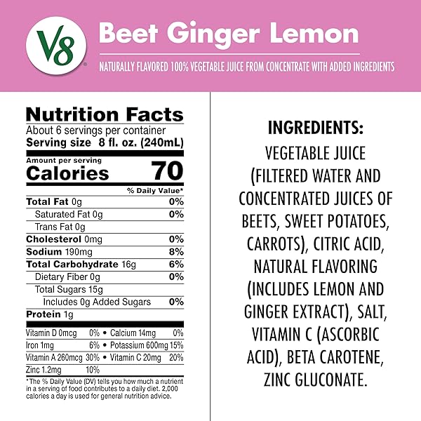 V8 BEET GINGER LEMON 100% VEGETABLE JUICE, 46 FL OZ BOTTLE