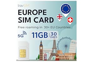 travSIM Europe SIM Card | 11GB data with 4G/5G speeds | Unlimited calls | Use in The UK, Switzerland & 30+ EU countries | Plan on SIM Card for Europe is valid for 30 days