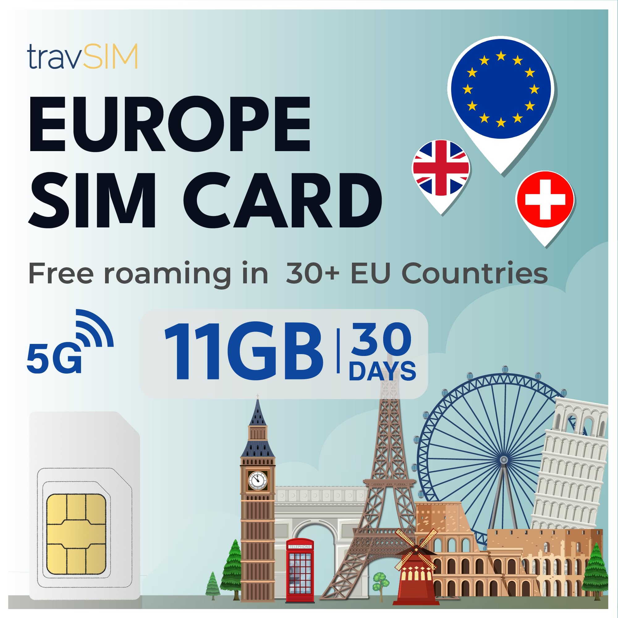 travSIM 11GB Mobile Data SIM Card | Free Roaming in UK, Switzerland, and 30+ EU Countries | 3G, 3-in-1 SIM
