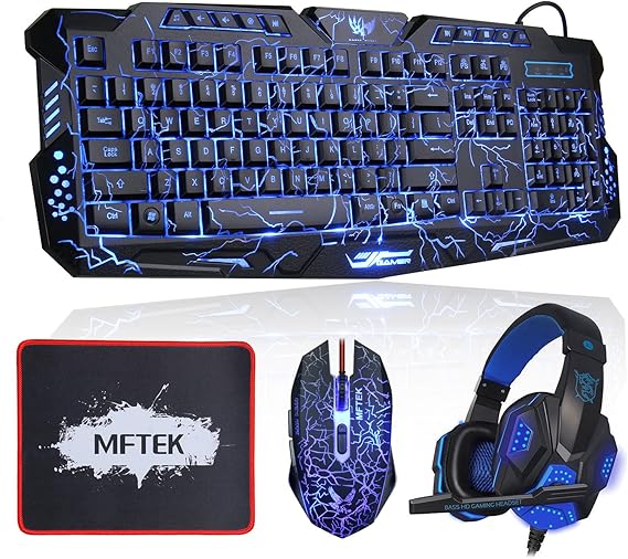 Gaming Keyboard Set, MFTEK QWERTY USB Wired LED 3 Colours Red/Blue