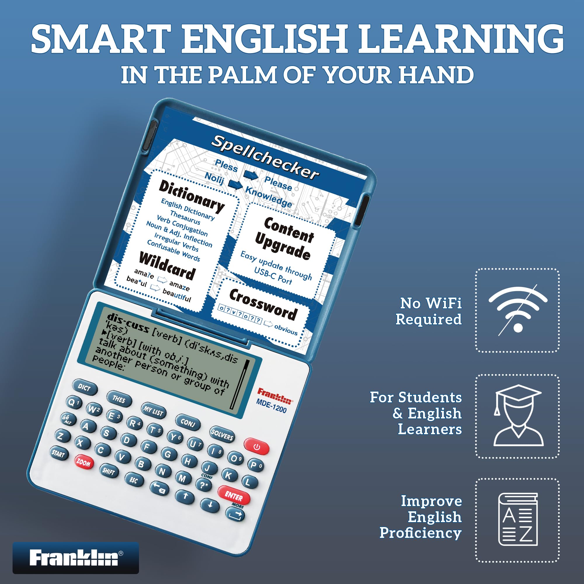 Franklin MDE-1200 Electronic Dictionary and Thesaurus – English Dictionary, Synonyms, Spell Checker, Word Games, Grammar Tools, Digital Dictionary, Portable Device with LCD Screen