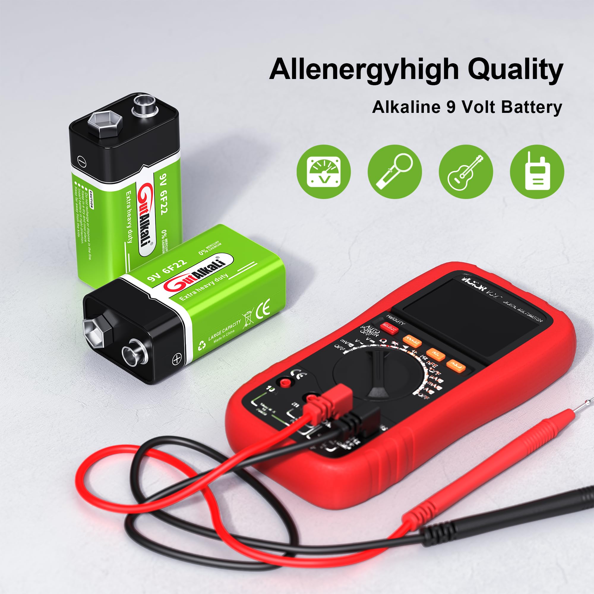 GutAlkaLi Batterien 9V Blockbatterie, 6 Stück, Longlife Power für Rauchmelder, Brand- & Feuermelder, Mikrofon 6lr61 6F22 PP3 MN1604 4