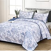 WONGS BEDDING Blue Quilt Set Queen Size, 3 Pieces Botanical Bedspreads Set Lightweight Microfiber Blue Toile Plants Pattern Coverlet Home Decor for All Seasons(96"×90")