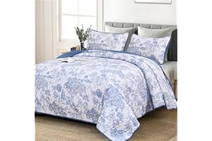WONGS BEDDING Blue Quilt Set Queen Size, 3 Pieces Botanical Bedspreads Set Lightweight Microfiber Blue Toile Plants Pattern Coverlet Home Decor for All Seasons(96"×90")