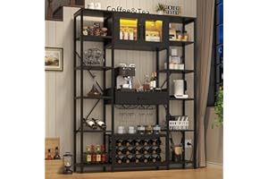 Semoic Wine Bar Cabinet with LED Lights, 65.35 Inches Tall Industry Coffee Bar Cabinet with Drawer and Power Outlets, Famhouse Kitchen Microwave Stand Bakers Rack Cabinet for Liquor and Goblet, Black