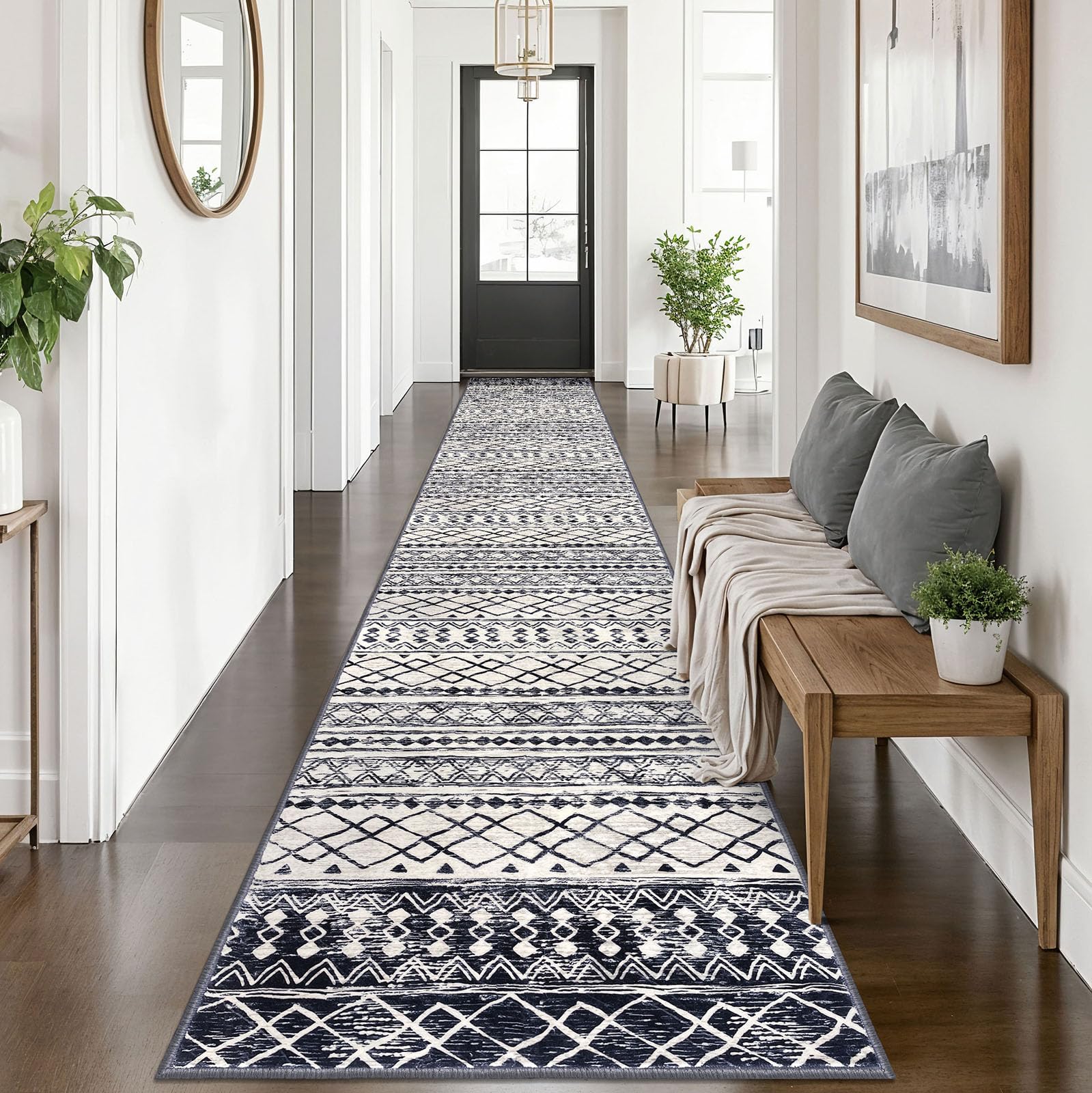 KUTA Boho Runner Rug for Hallway 2.6x14 Moroccan Washable Black Navy Blue Rugs Non-Slip Vintage Long Kitchen Runners Soft Geometric Floor Carpet for Bedroom Laundry Living Room Image KUTA Boho Runner Rug for Hallway 2.6x14 Moroccan Washable Black Navy Blue Rugs Non-Slip Vintage Long Kitchen Runners Soft Geometric Floor Carpet for Bedroom Laundry Living Room Image