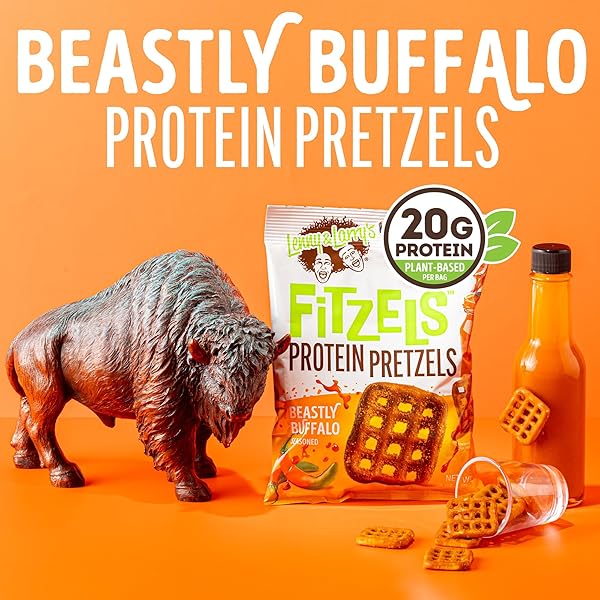 LENNY & LARRY’S FITZELS PROTEIN PRETZELS [BEASTLY BUFFALO] – 8 X 3OZ BAGS OF HIGH PROTEIN SNACKS WITH 20G PLANT BASED PROTEIN – VEGAN SNACK – INCREDIBLY TASTY WITH SALTY CRUNCH