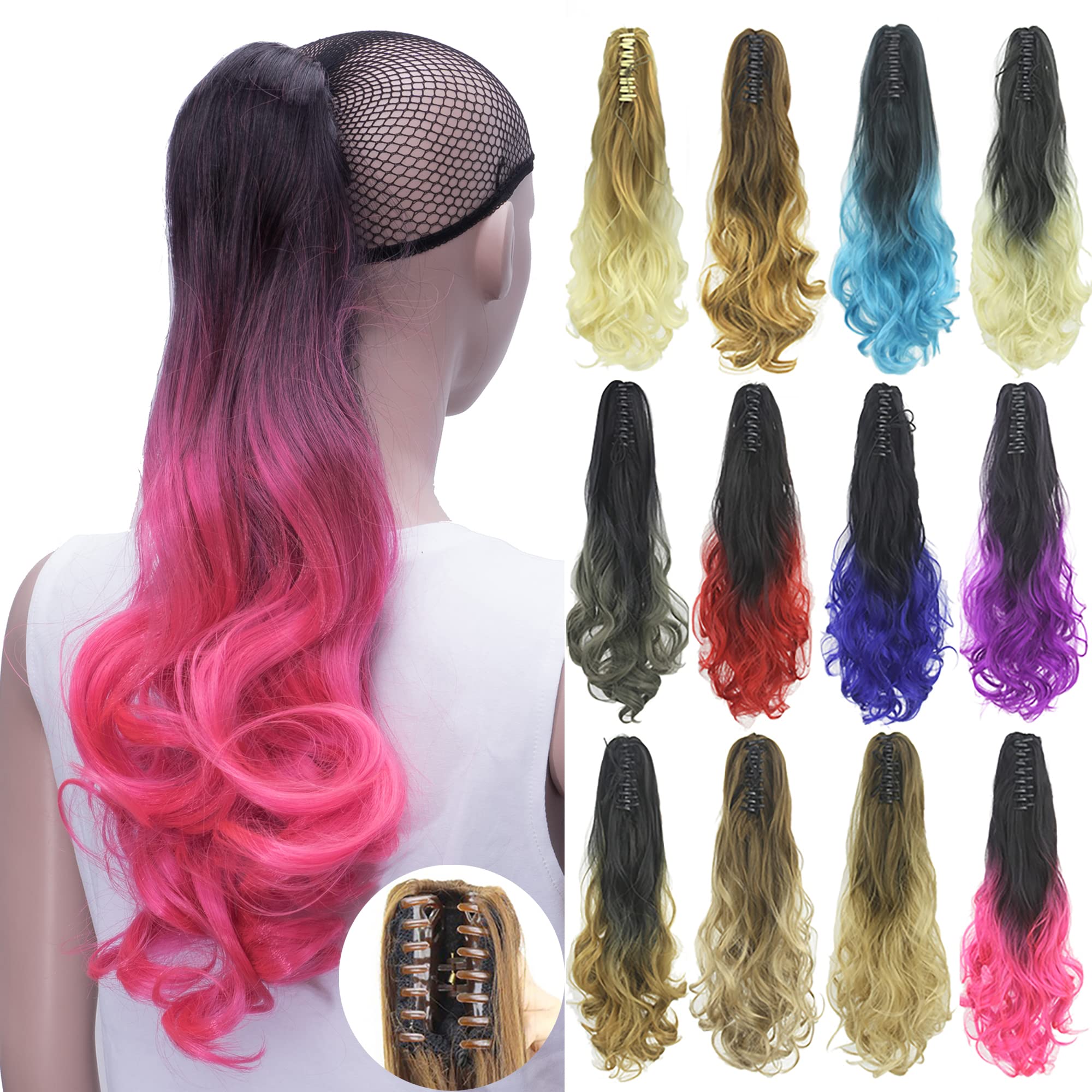 IMISSU Curly Ombre Color Claw Ponytail Hair Extensions Pony Tail Clip in Hairpiece (Ombre Pink)