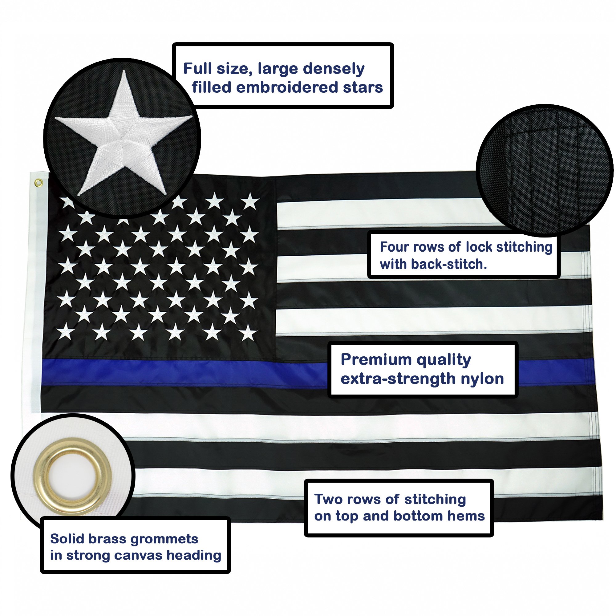 Black White Thin Blue Line American Flag 3x5Ft Heavy-Use Nylon w/ Embroidered Stars & Sewn Stripes - Deluxe Fast-Dry, All-Weather USA Flag-Honoring Law Enforcement Officers