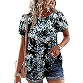 KISSMODA Womens Short Sleeve Shirts Floral Summer Tops Ladies Tunic Tops Loose Fit Tunics