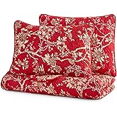 Wake In Cloud - Floral Quilt Set, Vintage Oriental Asian Flower Modern Botanical Pattern, Reversible Lightweight Bedspread Coverlet, 3 Pieces, Red, Twin/Twin XL Size
