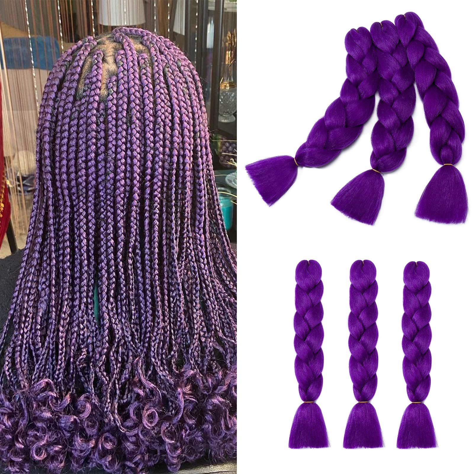 Gairyan Braiding Hair Extensions for Braiding 6 Packs 600g 24" Ombre Jumbo Braiding Hair Coloured Synthetic Hair for Women Soft Box Braids Crochet Twists (Dark Purple)