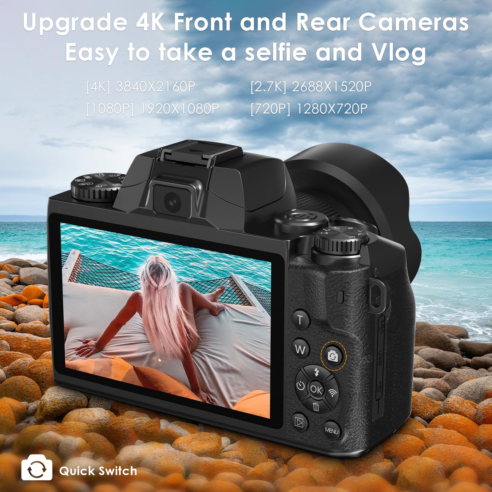 VJIANGER 2024 Upgrade 4K Digital Camera for Photography with 32GB SD Card, 64MP Vlogging Cmaera for YouTube with Front and Rear Camera, Case, WiFi, 3000mAh Battery, 4.0