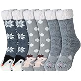 Jeere 3 Pairs Women Fuzzy Slipper Socks with Grips Winter Warm Soft Fluffy Cozy Sleeping Socks Non Skid Cute Cat Animal for Winter Home House