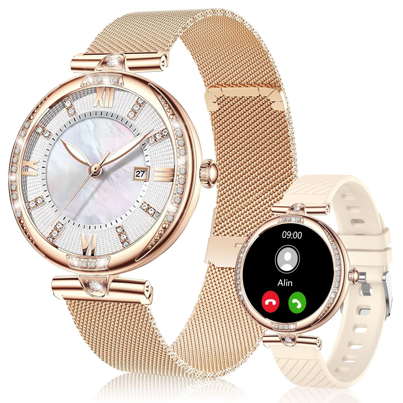 Vicloon Smart Watches for Women, 1.19" Women's Fashion Smartwatches Answer/Make Call, Waterproof Smartwatch with 2 Straps, Fitness Watch with Blood Pressure/Oxygen/Heart Rate Monitor for Android iOS