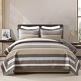 Finlonte King Size Quilt Set, Farmhouse Striped King Comforter, Cotton Quilted Bedspread, Gray Beige Cream Taupe Lightweight Reversible Quilt Bedding Set for All Season, 3-Piece