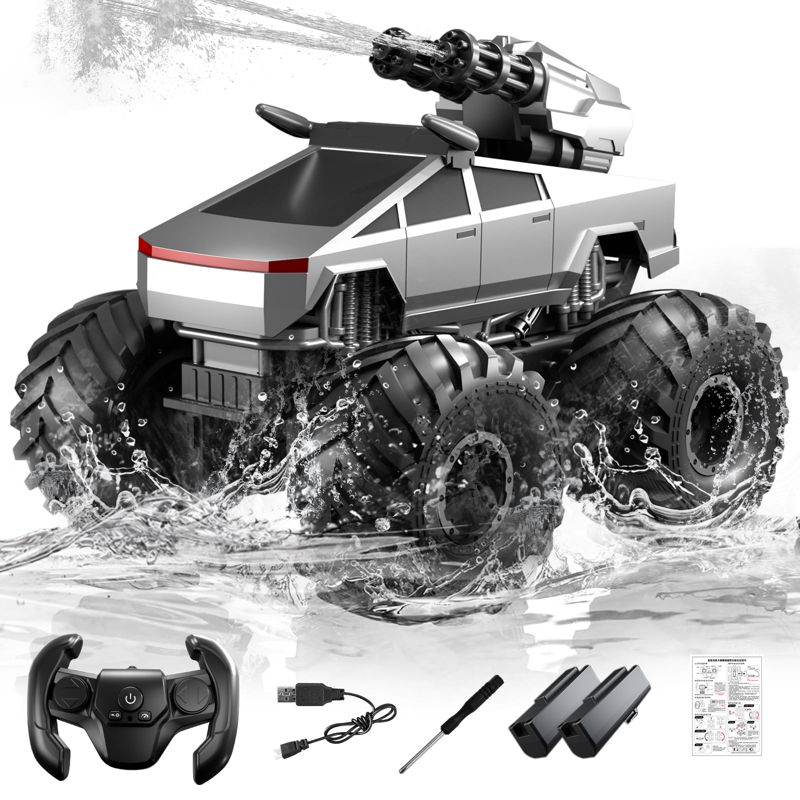 Ousibin Remote Control Monster Truck, 1:18 Amphibious RC Car with Water Squirt, Toy Car-Sliver