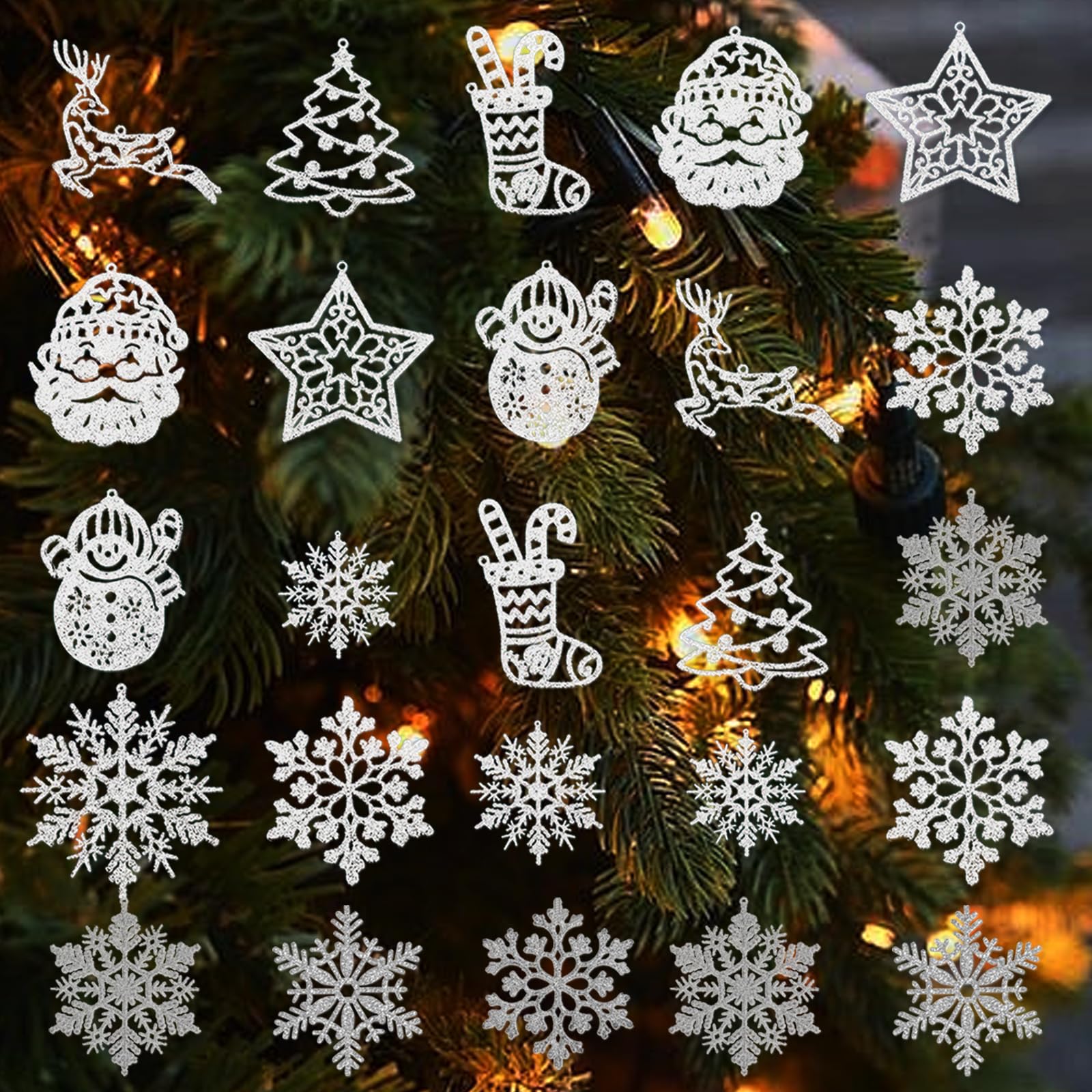 TYXHXTF 54 Pcs Glitter Snowflake Hanging Christmas Tree Decoration, Ornaments for Holiday Party, Xmas Home Indoor Décor, Christmas Party Supplies (Silver)