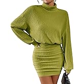 MITILLY Fall 2026 Long Sleeve Mini Dress for Women Formal Elegant Pullover Turtleneck Ruched Bodycon Short Dresses