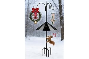 FEED GARDEN Squirrel-Proof Shepherds Hook for Bird Feeders, 92” Heavy-Duty Bird Feeder Pole with 3 Hooks 5-Prong Stable Base 19” Squirrel Baffle, Rust-Resistant Steel for Feeders, Plants & Yard Décor