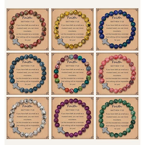 Juego De 8 Pulseras Cristianas Con Cruz De Piedra Natural - Incluye Tarjetas De Oración, Regalo Inspirador Para Mujeres Y Hombres