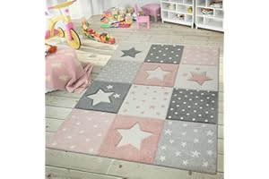 PACO HOME Kids Rug for Nursery Checkered with Dots & Stars in Pink White Grey, Size: 3'11" x 5'7"