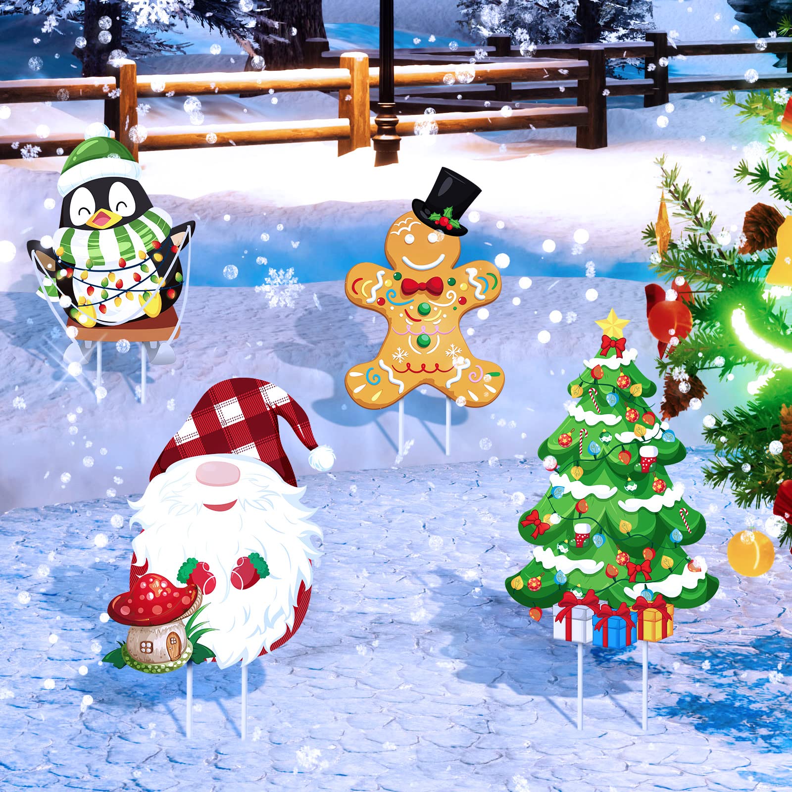 Mudder 4 Pcs Outdoor Christmas Decorations Christmas Yard Signs Xmas Outdoor Lawn Signs with 8 Stakes Penguin, Tree, Gnome, Gingerbread Outside Garden Decorations for Xmas Holiday Decor