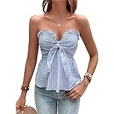 GORGLITTER Women's Strapless Tie Front Tube Peplum Tops Striped Bandeau Bow Cute Summer Casual Trendy Y2K Going Out Top