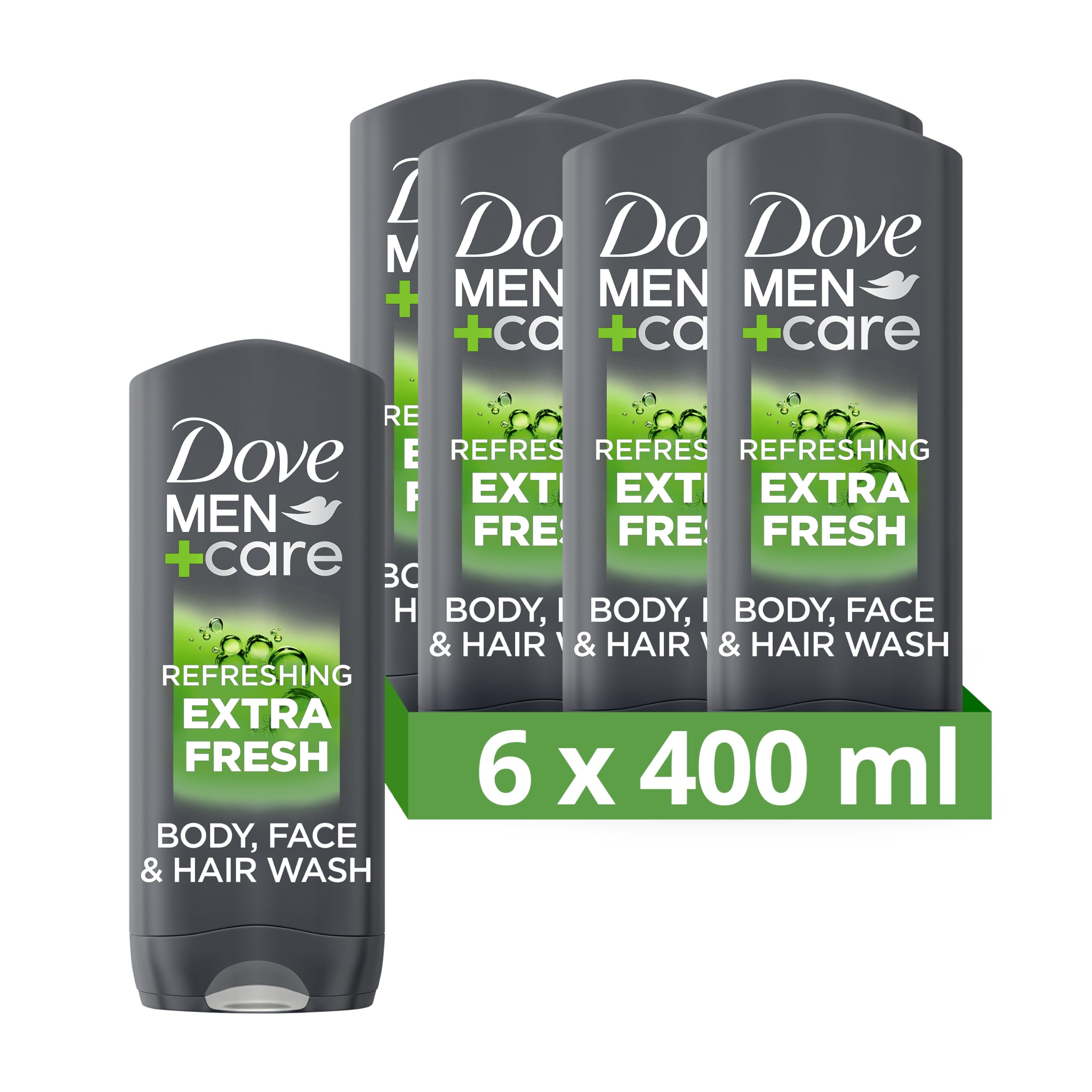 Dove Men+Care Refreshing Extra Fresh 3-In-1 Hair, Body And Face Wash Pack Of 6 With 24-Hour Nourishing Micromoisture Technology Body Wash For Men 400 Ml