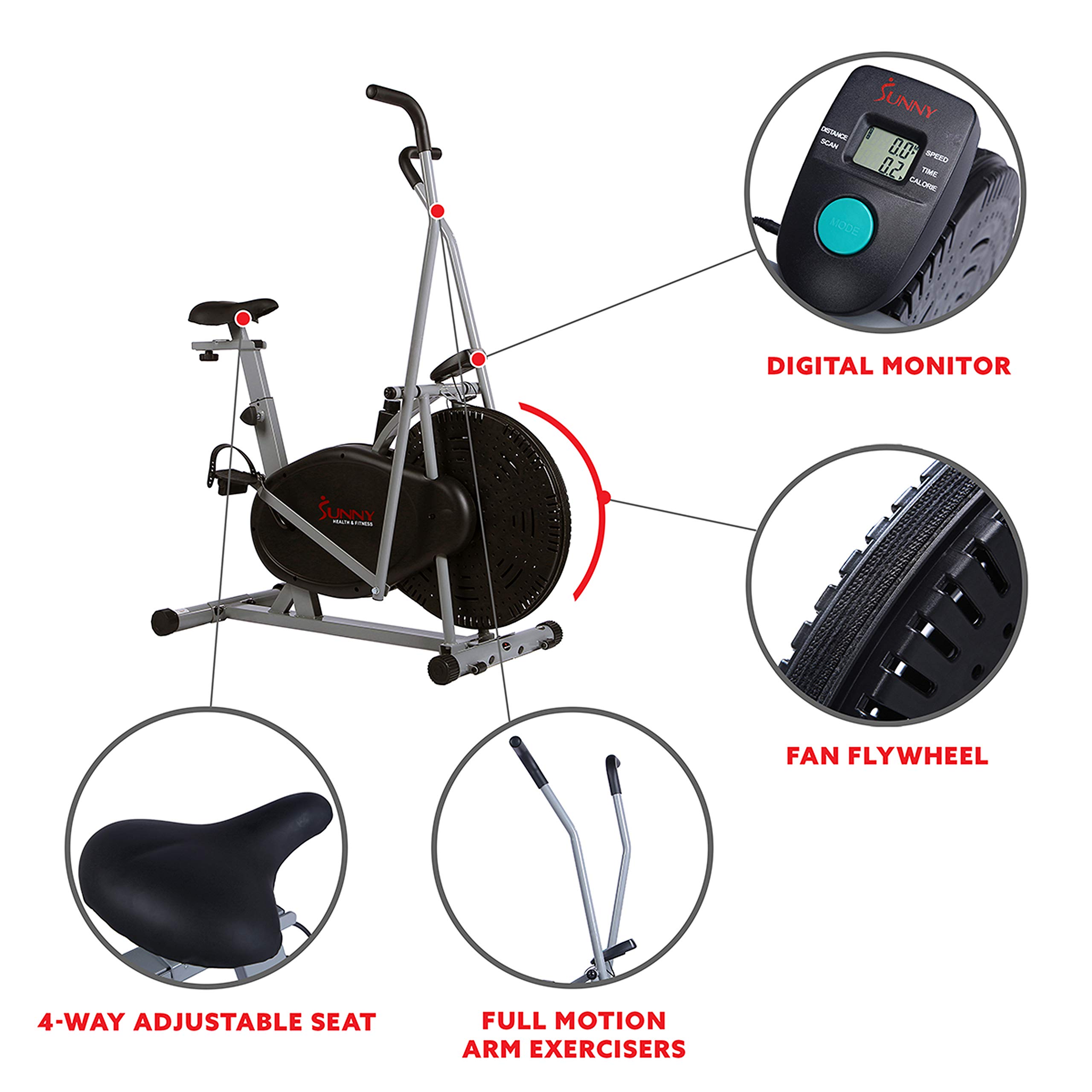 Sunny Health & Fitness Air Bike Fan Exercise Bike with Digital Monitor, Full Motion Arm Exercisers, and Adjustable Seat