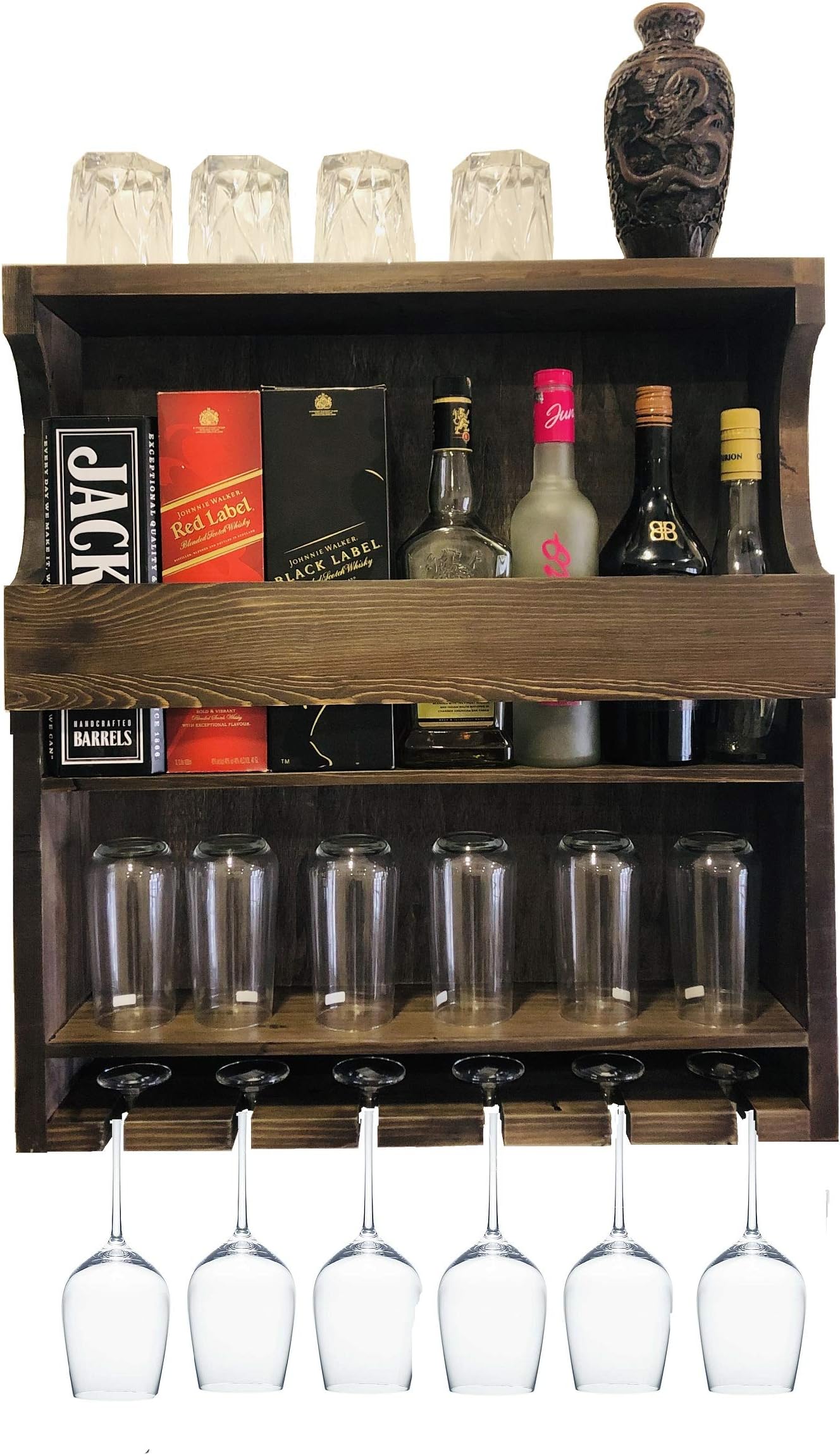 METRENO® Solid Wood Hanging Design Storage Cabinet-Wall Mounted Wine Rack for Wine Bottles & Stemware Glasses-Mini Bar for Home, Kitchen, Dining Room(Rustic Wood Smoky Grey)