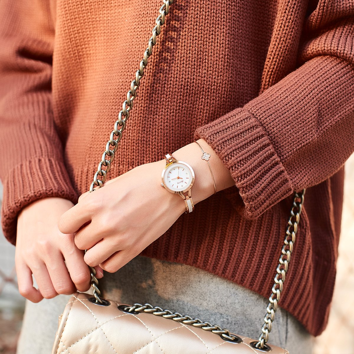 Abrray Rose Gold Case Rose Gold Ceramic White Bracelet Watch for Women with Round Dial