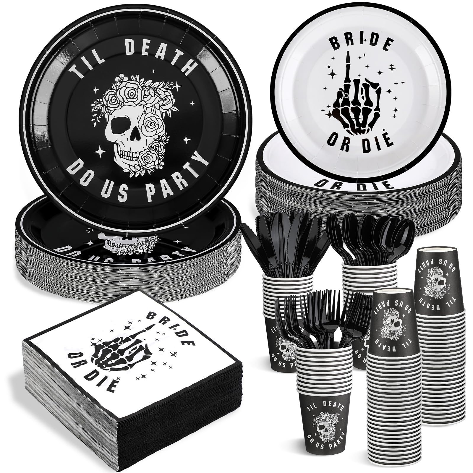 Photo 1 of Norme 244 Pcs Bride or Die Bachelorette Party Tableware Set Include 24 Pcs 9 Inch 7 Inch Plates 24 Pcs 9 oz Paper Cups 100 Pcs Napkins 24 Knives 24 Forks 24 Spoons for Halloween Bachelorette