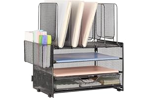 LEKETREE Desk Organizer with 5 Vertical File Holders, 3-Tier Paper Organizer and Drawer, Desk Accessories for Workspace (Black, 3T with Drawer)