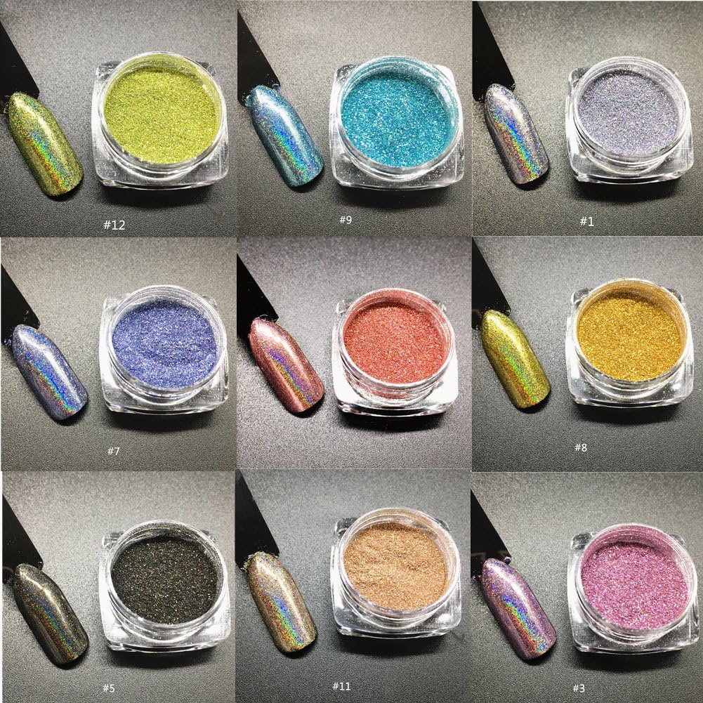 Cattie Girl 9box 2g New Rose Gold Holographic Nail Powder for UV Gel Polish Laser Powder Nail Glitter Golden Champagne Nail Art Chrome Pigment