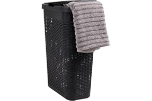 Mind Reader Slim Laundry Hamper with Lid, 40L Clothes Basket, Premium Wicker Design, Plastic, Black