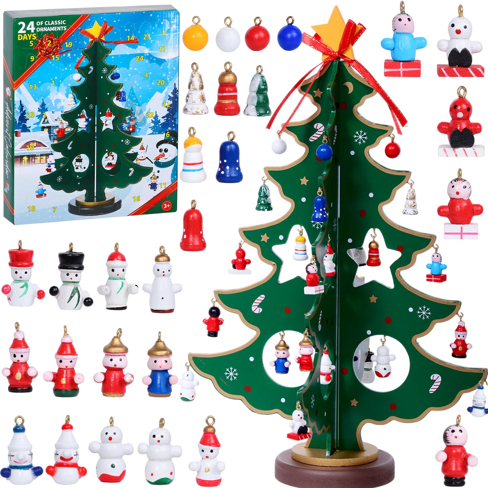 Antsparty Christmas Advent Calendar 2025, 24 Days Countdown Tabletop Wooden Christmas Tree and Ornaments, Advent Calendar MIni Xmas Tree Desk Decoration for Kids Adults Teens Party Favors
